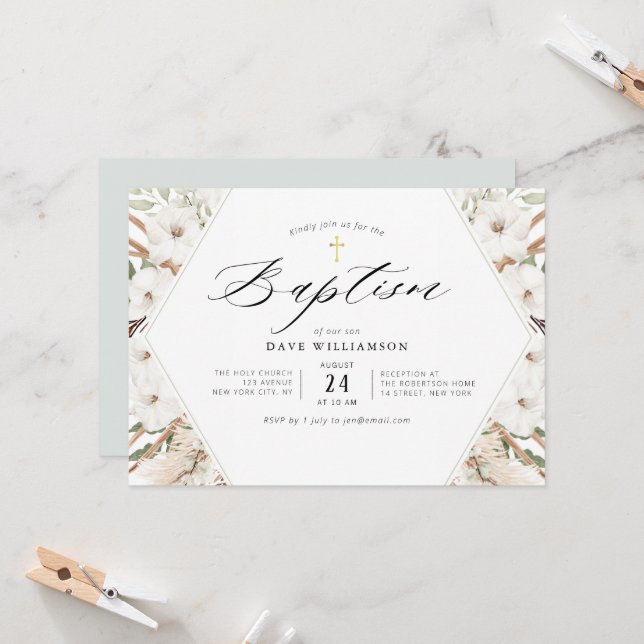 white floral pampas elegant frame baptism invitation (Front/Back In Situ)