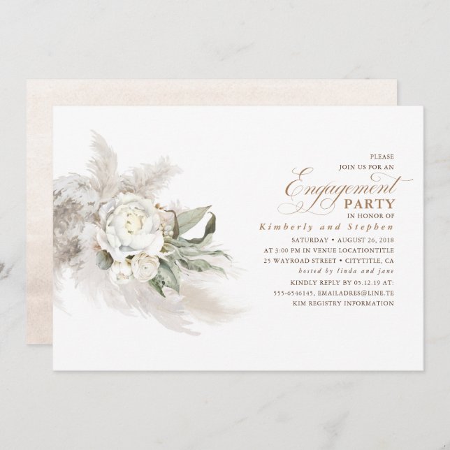White Floral Pampas Grass Elegant Engagement Party Invitation (Front/Back)