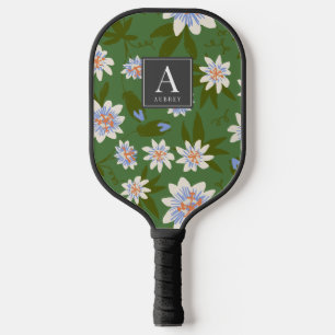 White Floral Pattern Green Pickleball Paddle
