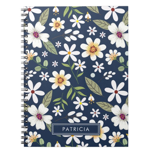 White Floral Pattern Navy Blue Personalised Notebook (Front)