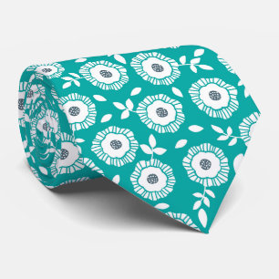 White floral pattern on turquoise background tie