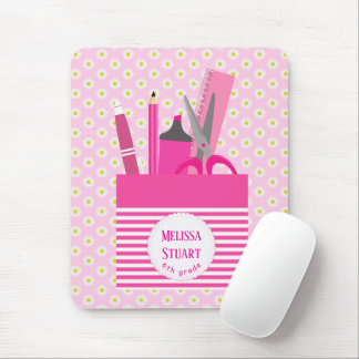 White Floral Pattern Pink Girly Stationeries Mouse Pad
