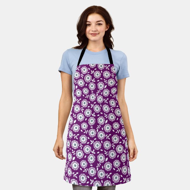 White floral pattern purple background apron (Worn)