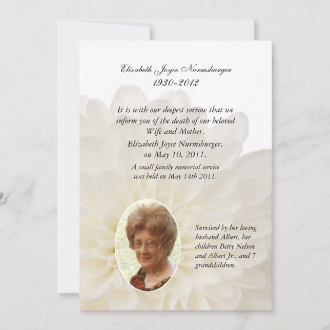 White Floral Photo Death Announcement Card (Front)