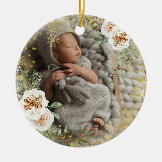 White Floral Photo Gold Snowflake Cute Deer  Ceramic Tree Decoration (Front)