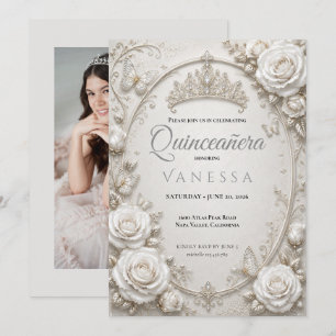 White Floral Photo Quinceanera Invitation