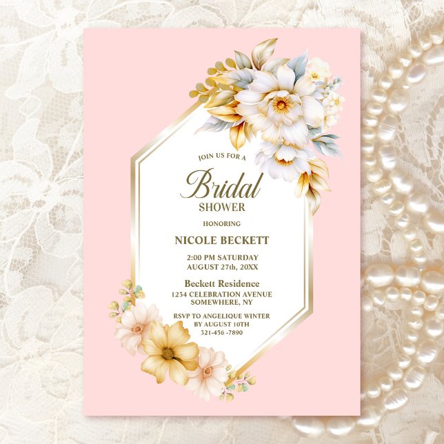 White Floral Pink Geometric Bridal Shower Invitation (Creator Uploaded)