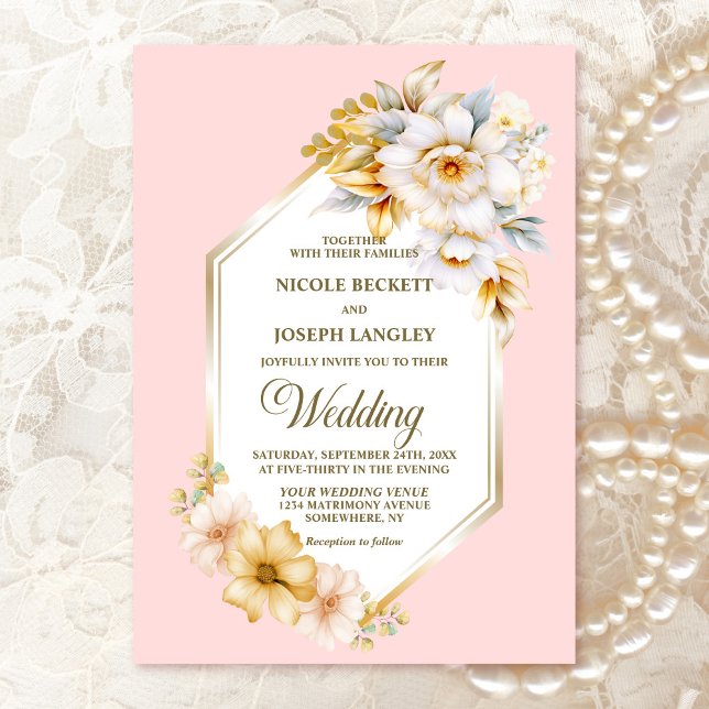 White Floral Pink Geometric Wedding Invitation (Creator Uploaded)