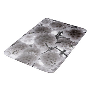 White Floral Print Bath Mat