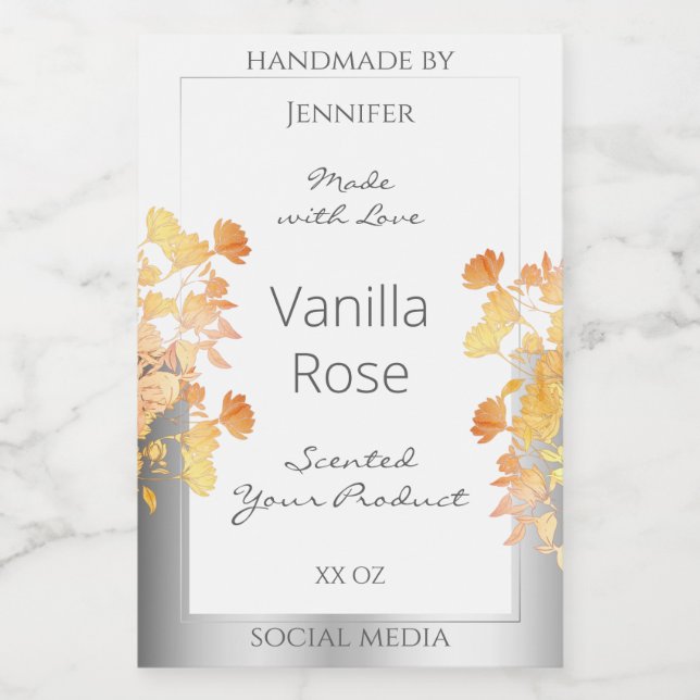 White Floral Product Packaging Label Orange Silver (Single Label)