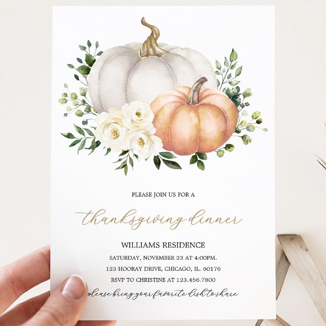 White Floral Pumpkin Thanksgiving Dinner Invitation (Creator Uploaded)