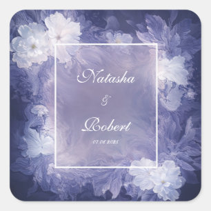 White Floral Purple Blue Marbled Liquid Art Square Sticker