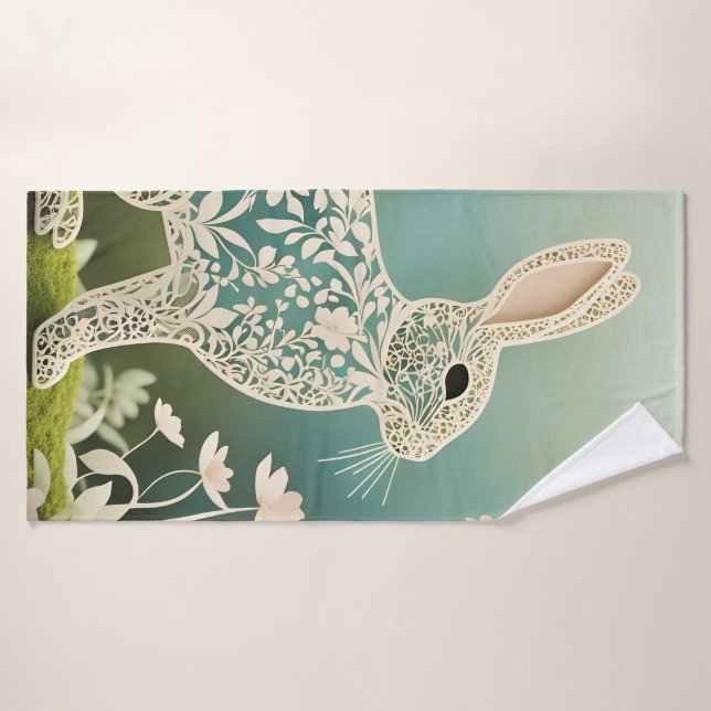 White Floral Rabbit Spring Art  Bath Towel Set (Bath Towel)