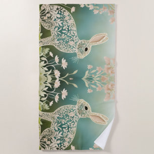 White Floral Rabbit Spring Art Beach Towel