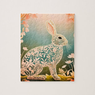 White Floral Rabbit Spring Art  Jigsaw Puzzle