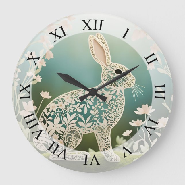 White Floral Rabbit Spring Art  Large Clock (Front)