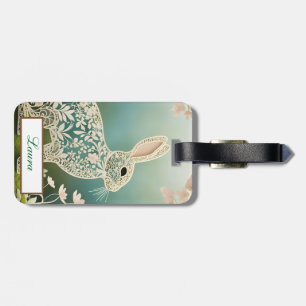 White Floral Rabbit Spring Art  Luggage Tag