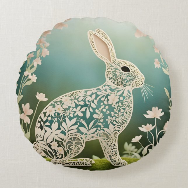 White Floral Rabbit Spring Art  Round Cushion (Front)
