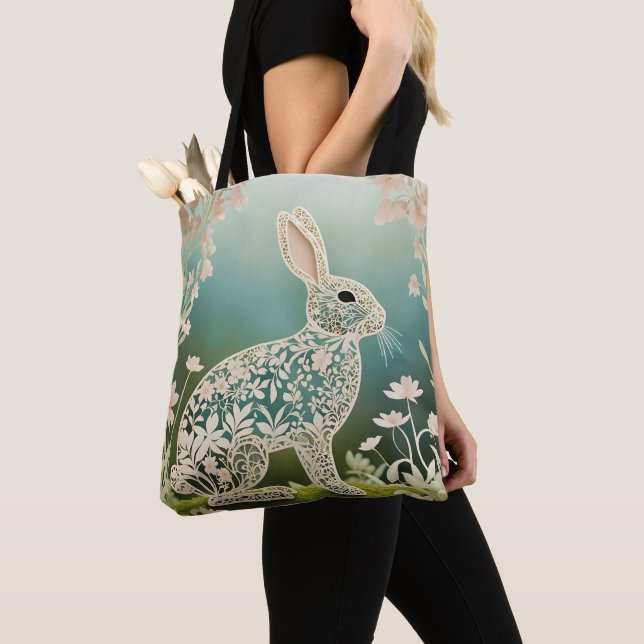 White Floral Rabbit Spring Art  Tote Bag (Close Up)
