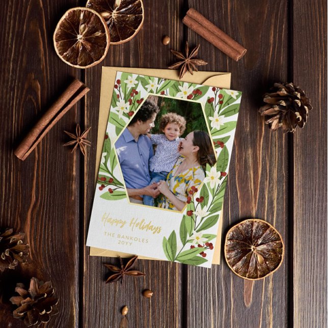 White Floral Red Berries Hexagon Happy Holidays (Creator Uploaded)