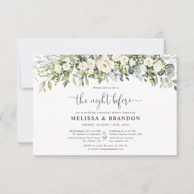 White Floral Rehearsal Dinner Invitation (Front)