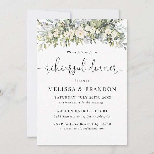 White Floral Rehearsal Dinner Invitation (Front)