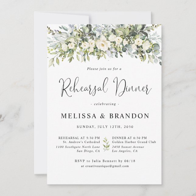 White Floral Rehearsal Dinner Invitation (Front)