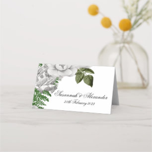 White Floral Rose and Fern Bouquet Wedding Place Card