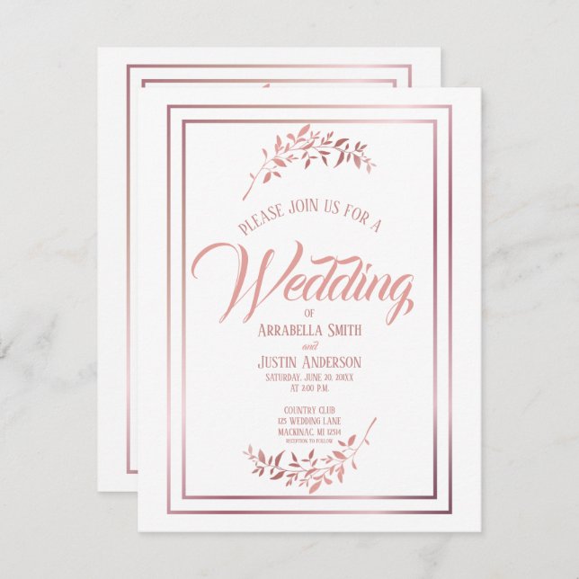 White Floral Rose Gold Script Elegant Wedding   Invitation (Front/Back)