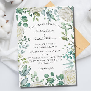 White Floral Roses Eucalyptus Botanical Wedding Invitation