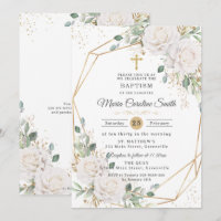 White Floral Roses Gold Cross Baptism