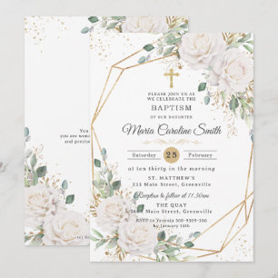 White Floral Roses Gold Cross Baptism  Invitation