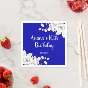 White Floral Royal Blue Birthday Napkin
