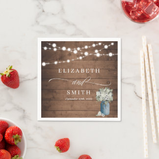 White Floral Rustic Elegant Lights Wooden Wedding Napkin