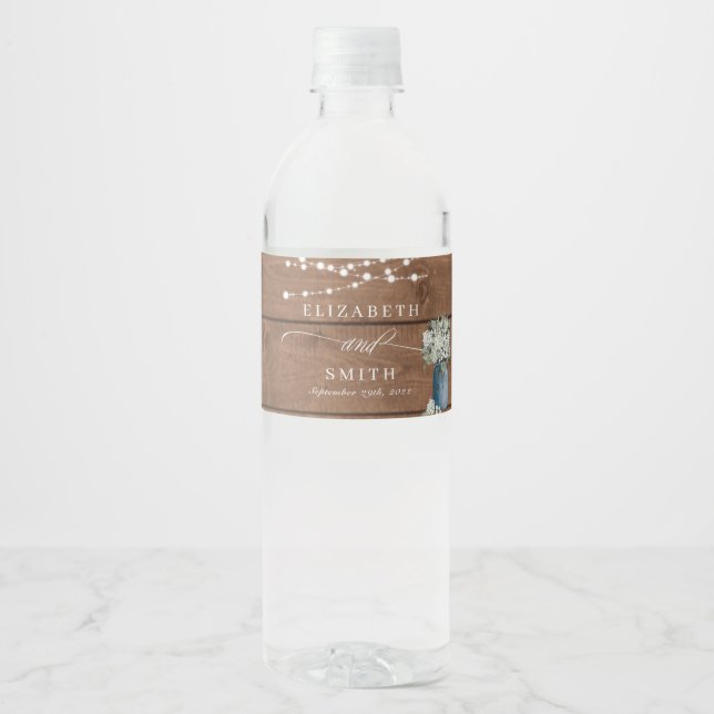 White Floral Rustic Elegant Lights Wooden Wedding Water Bottle Label (Front)