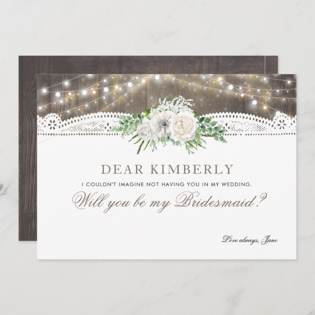 White Floral Rustic Will You Be My Bridesmaid Invitation (Front/Back)