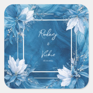 White Floral Sapphire Blue Marbled Liquid Square Sticker
