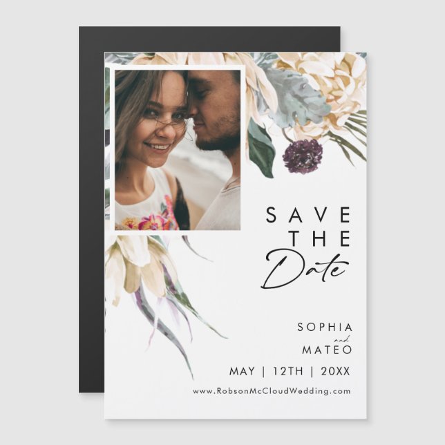 White Floral Save The Date Magnet (Front/Back)