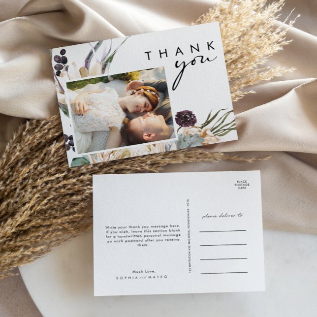 White Floral Script Photo Wedding Thank You Postcard (Creator Uploaded)