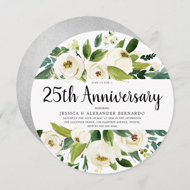 White Floral Silver 25th Wedding Anniversary Invitation (Front/Back)
