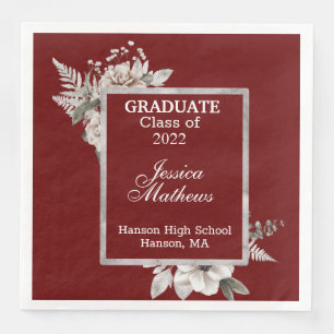 White Floral Silver Frame on Cranberry Graduation  Napkin