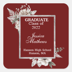 White Floral Silver Frame on Cranberry Graduation  Square Sticker