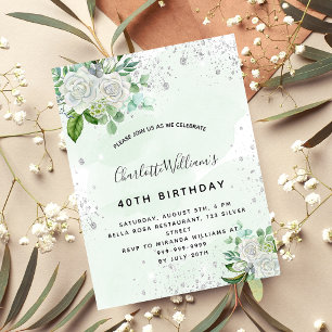 White floral silver greenery birthday invitation