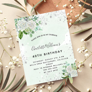 White floral silver greenery birthday luxury invitation