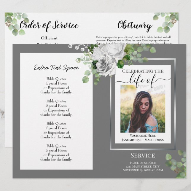 White Floral Simple Photo Funeral Program Budget (Front/Back)