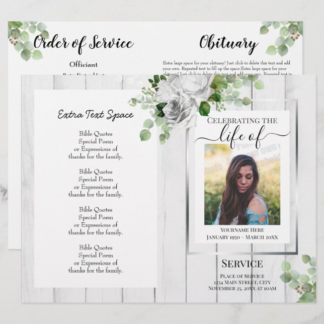 White Floral Simple Photo Funeral Program Budget (Front/Back)