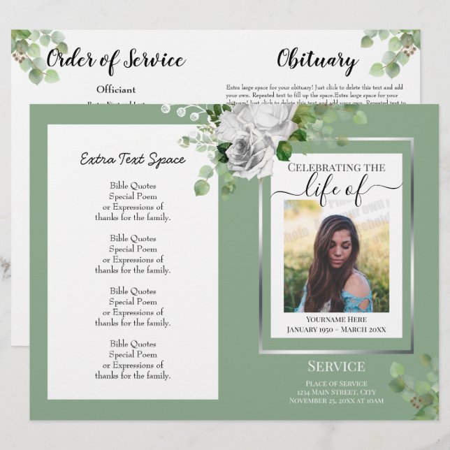 White Floral Simple Photo Funeral Program Budget (Front/Back)