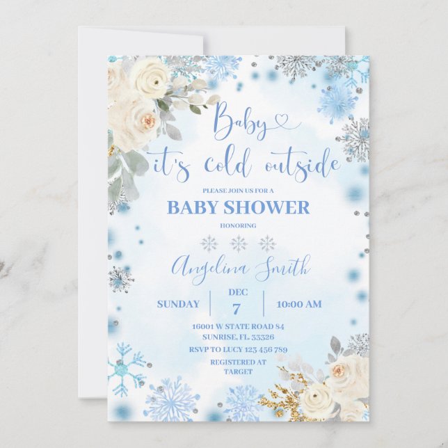  White Floral Snowflake Cold Outside Baby Shower Invitation (Front)