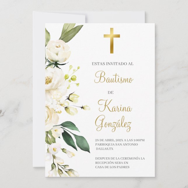 White floral Spanish Baptism Invite (Front)