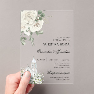 White Floral Spanish church Wedding acrylic Acrylic Invitations